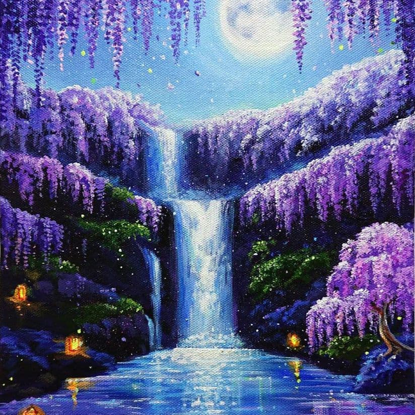 【藤が輝く夜】アクリル画 F3 風景画 絵画