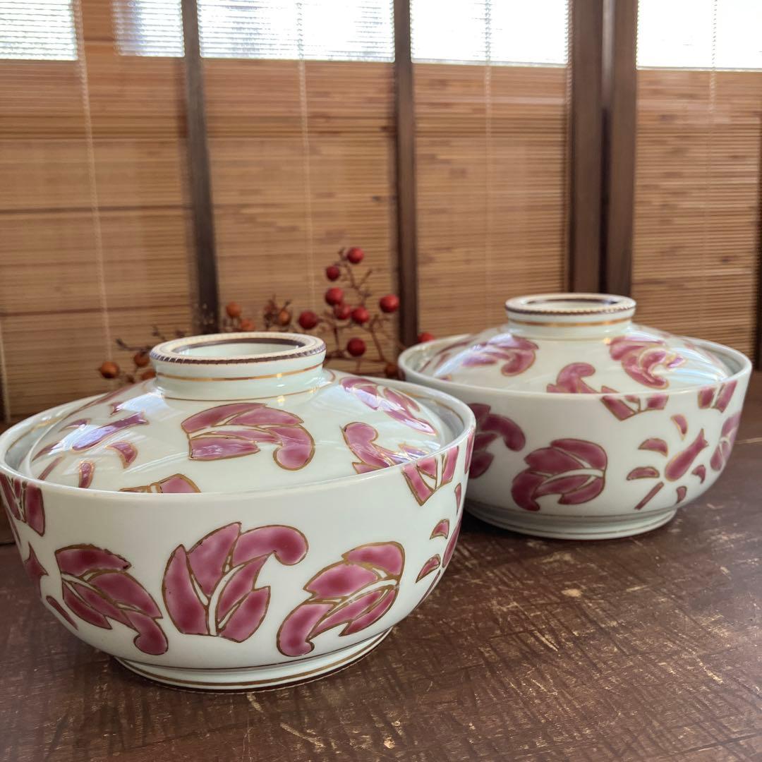 珍品　希少　角福　丼　蓋付き　ピンク　2個セット　ヴィンテージ　骨董　紅釉
