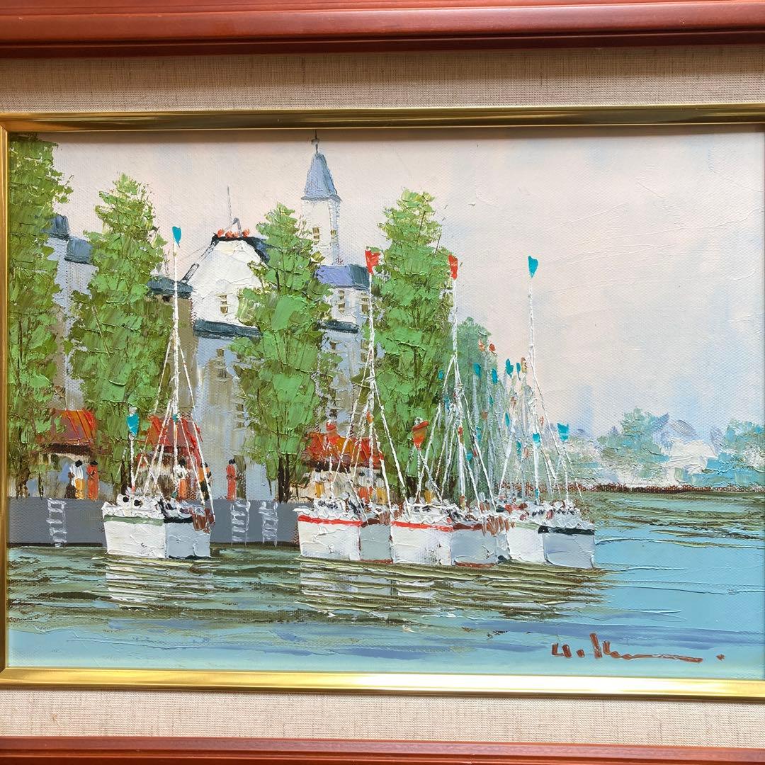 黒沢 久「河畔の街」油彩4号　彩日会委員 額縁40×49絵画24×33cm￼