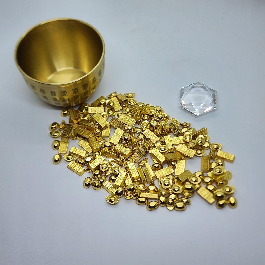 真鍮製元宝＆金の延べ棒セット＋天然水晶六芒星＆容器 風水・開運グッズ ②