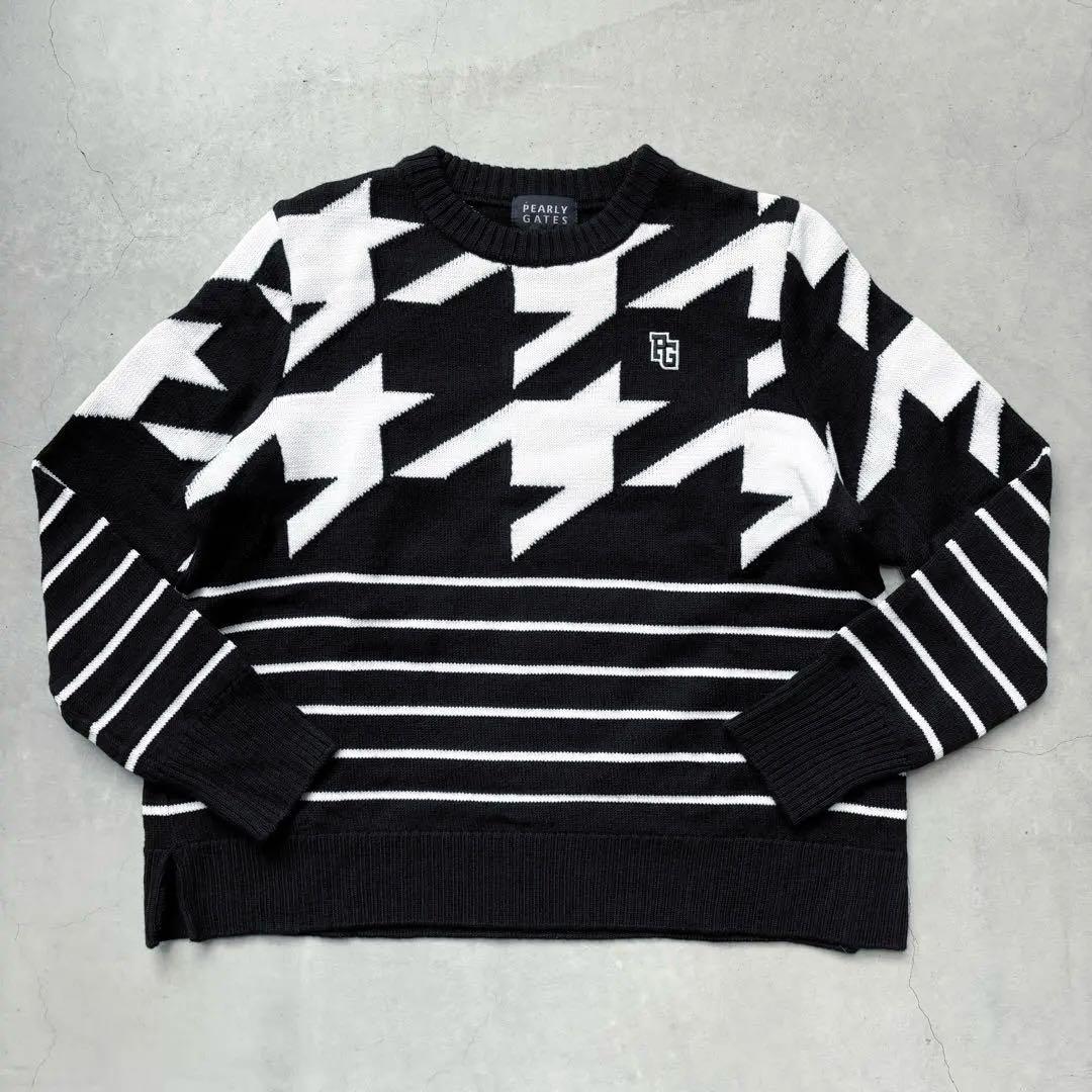 【美品】PEARLY GATES ウールニットセーター 千鳥孔子 ボーダー柄 1