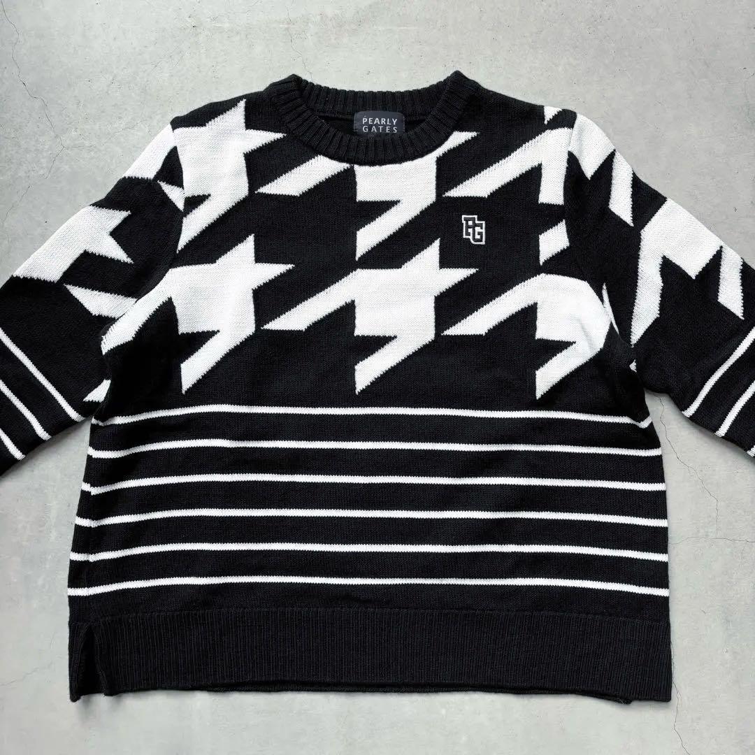 【美品】PEARLY GATES ウールニットセーター 千鳥孔子 ボーダー柄 1
