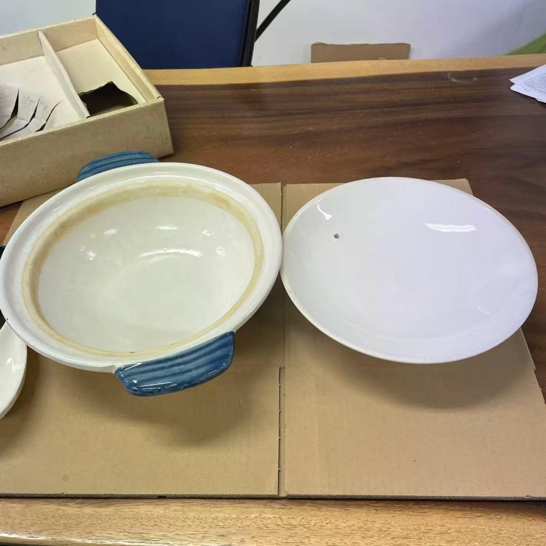 青と白の陶器 土鍋 スプーン付き　　-68