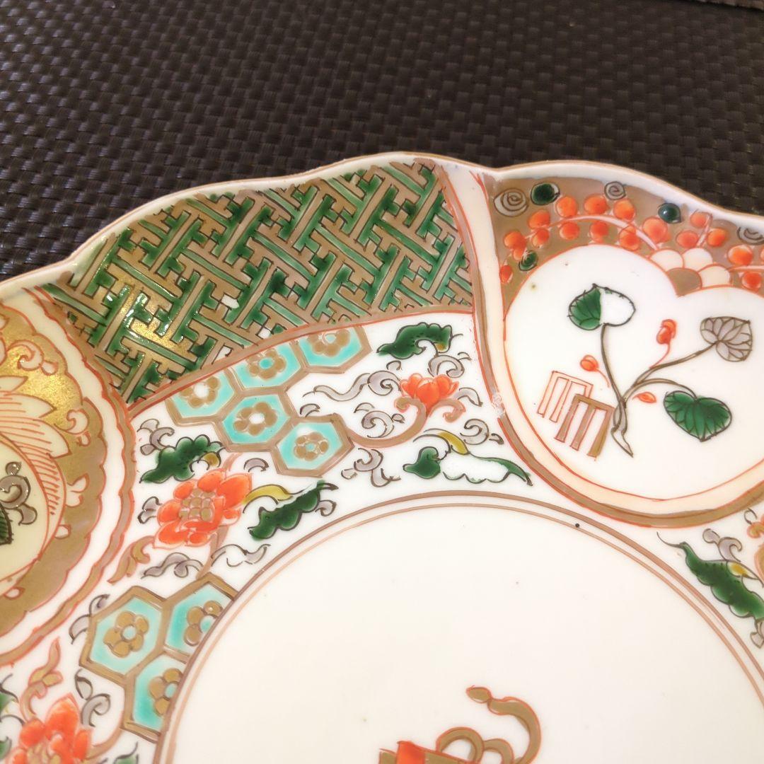 古伊万里 色絵 草花河骨源氏香 宝巻 輪花型 七寸皿