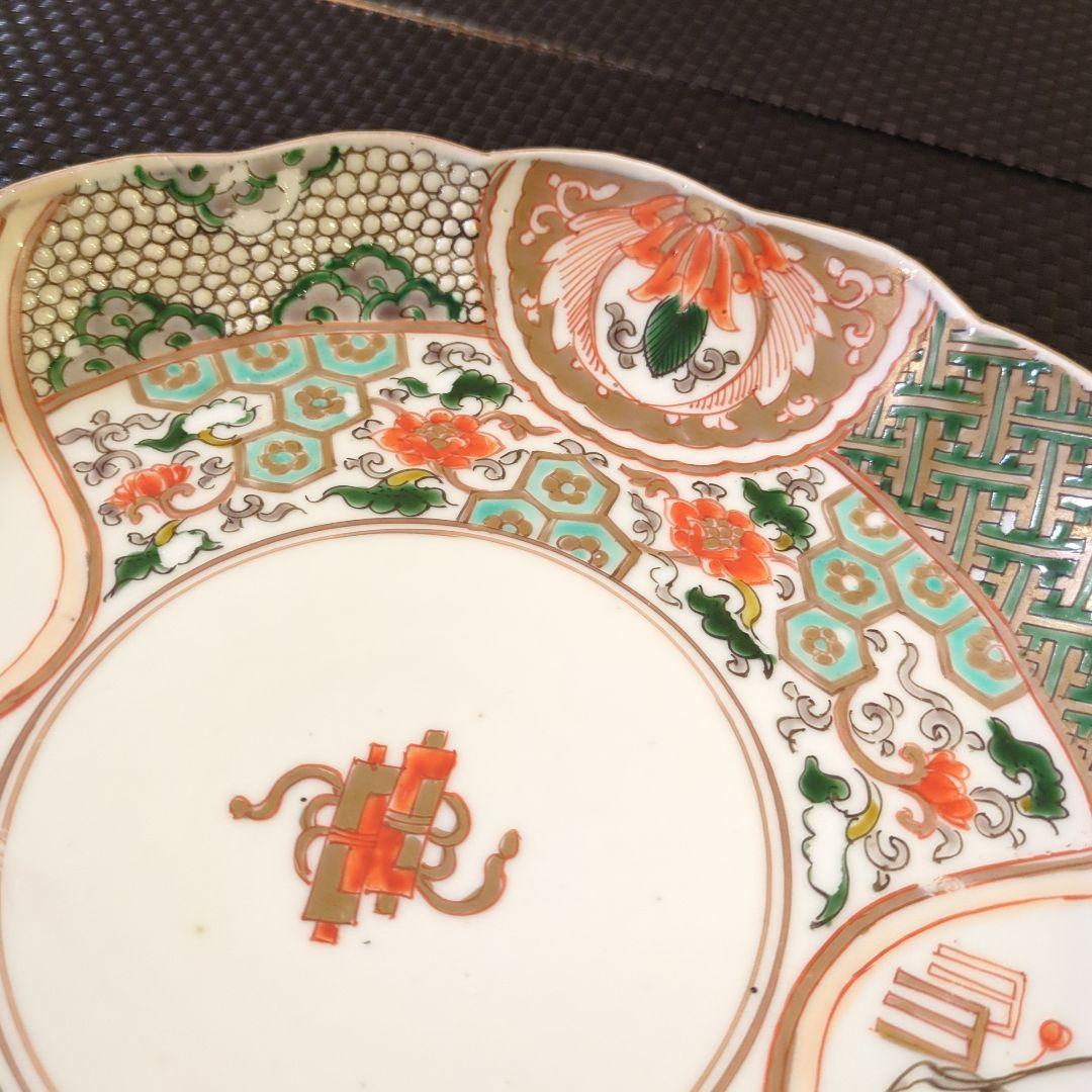 古伊万里 色絵 草花河骨源氏香 宝巻 輪花型 七寸皿
