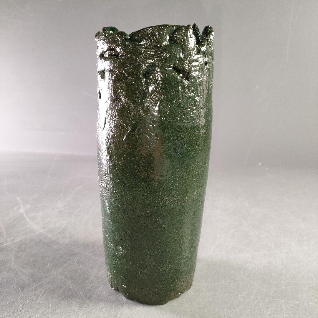 A1220-3/六石窯/森一蔵/萬古焼/緑釉花生/共箱/花瓶/花入/花器/飾壷/