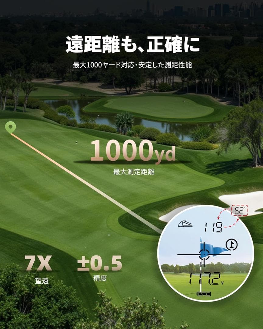ゴルフ レーザー距離計 1000yd測定 ピンロック 7倍倍望遠 軽量132g