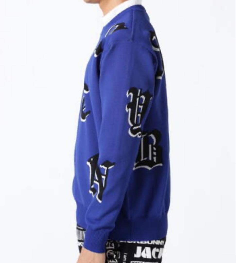 新品 パーリーゲイツ ジャックバニー ゴシックロゴWジャガードニット(6)LL青