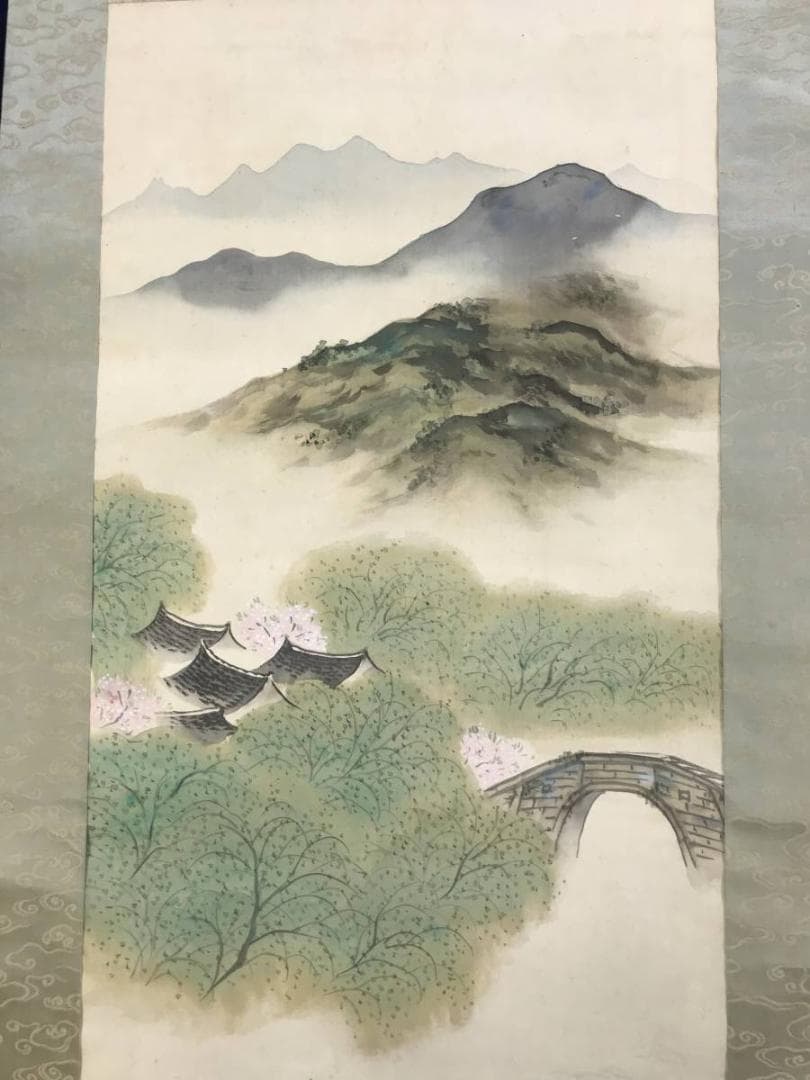 【真作】渓水/江南春色/山水図/帆船図/掛軸/名家伝来/AD-172