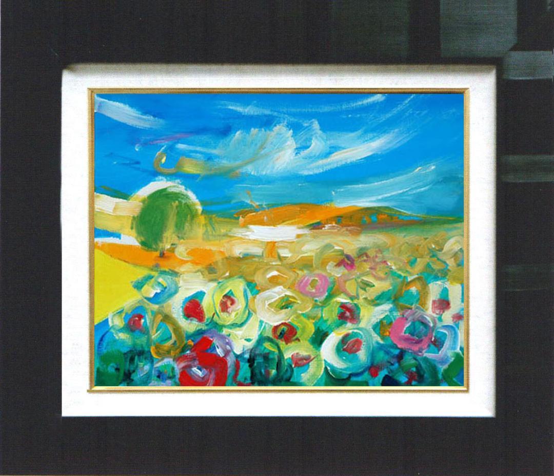 油絵 菅家令子 絵 絵画インテリア額付(青緑＋金色の枠)uF6-050610風景