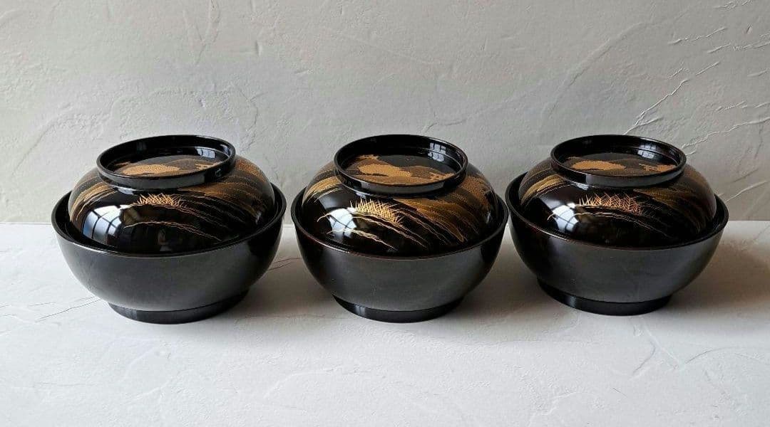 蓋付き 菓子椀 3客 煮物椀　骨董品　木製漆器