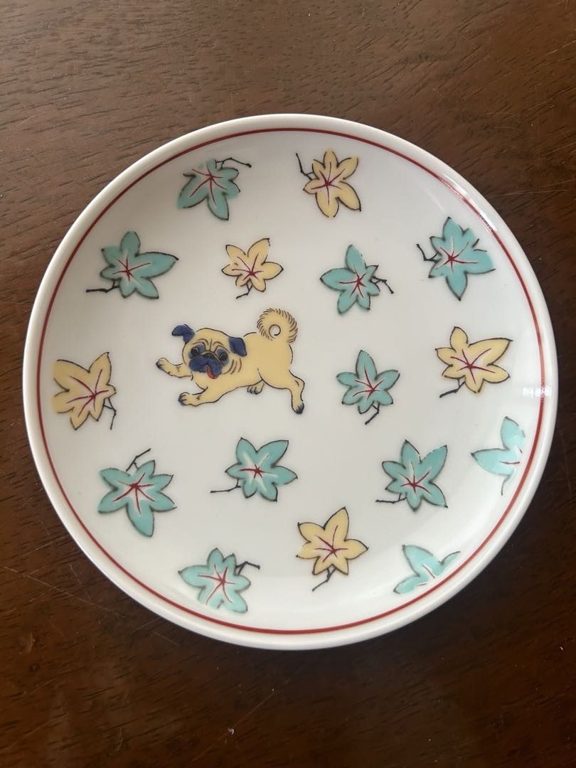 犬（パグ）と葉模様の食器セット 6点