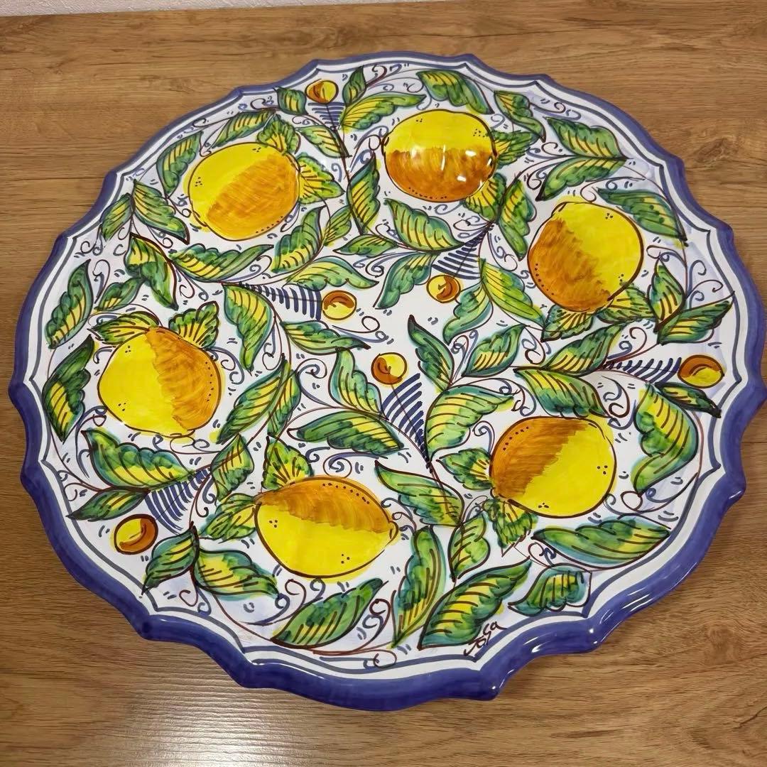 【大型45cm】レモン柄 壁掛け 飾り皿 イタリア風 陶器 プレート