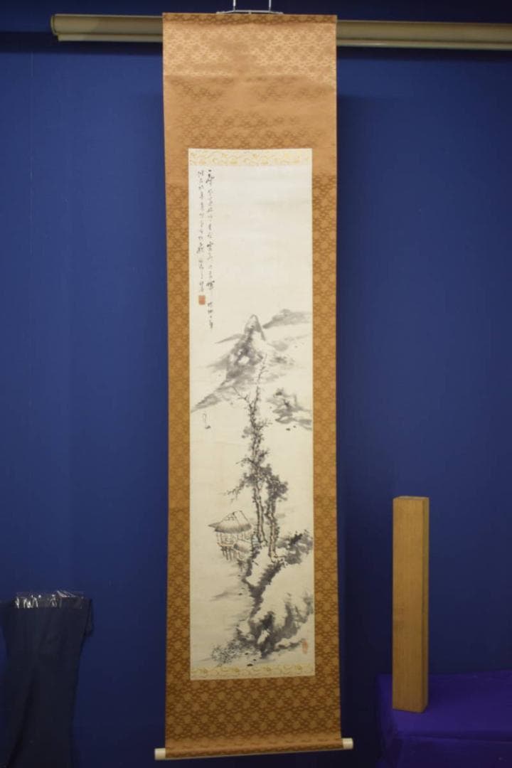 真作/河村虹外/山水/人物/帆船/画賛/布袋屋掛軸HI-923