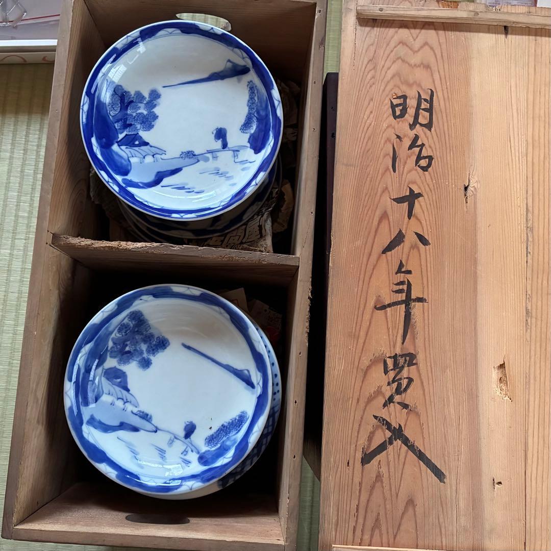 【141年前の古いお皿】明治骨董 中皿5枚セット 染付 なます皿