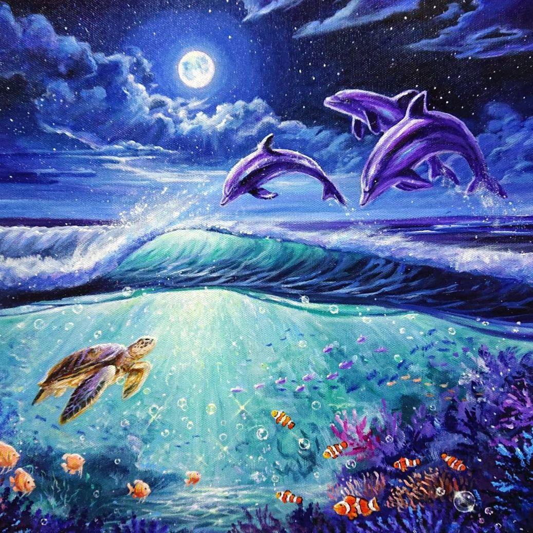 【月夜に輝く海の世界】アクリル画 F6 風景画 絵画 動物画 海の絵