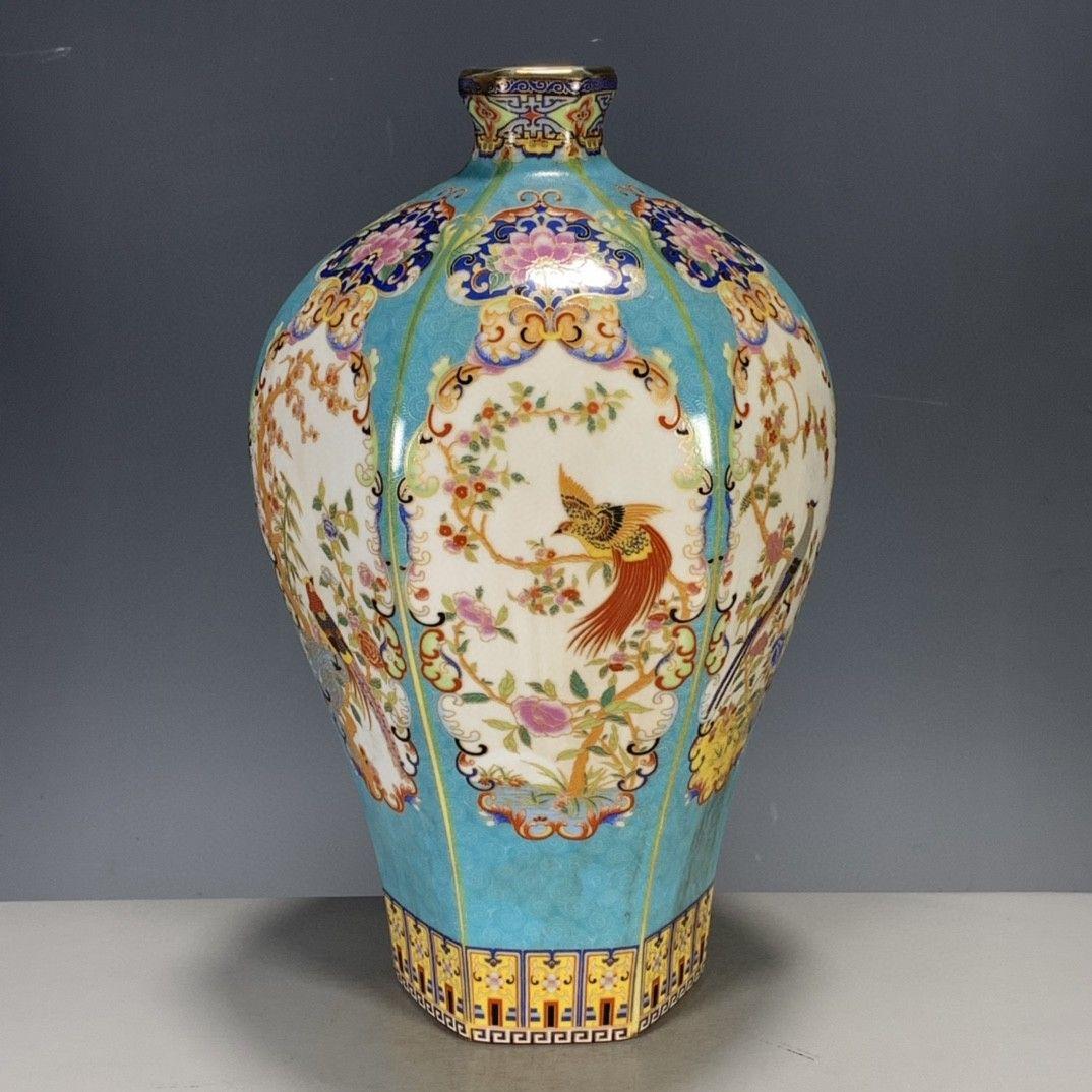 盧芹斎粉彩蒔金花鳥梅瓶 景徳鎮 陶磁器 装飾品 現代工芸品美術品 置物