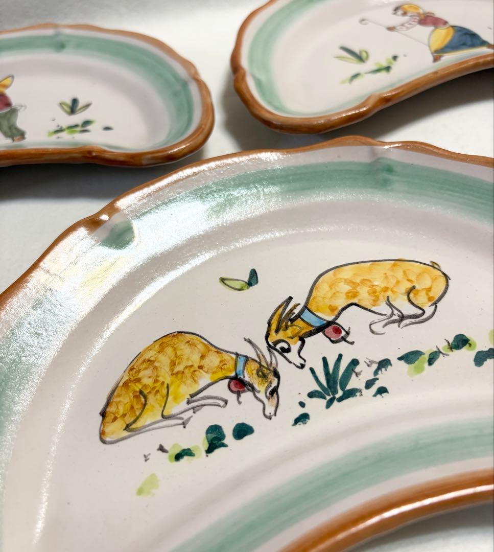 イタリア製 手描き 三日月皿 3枚 ハンドペイント ヴィンテージ 陶器 羊 農夫