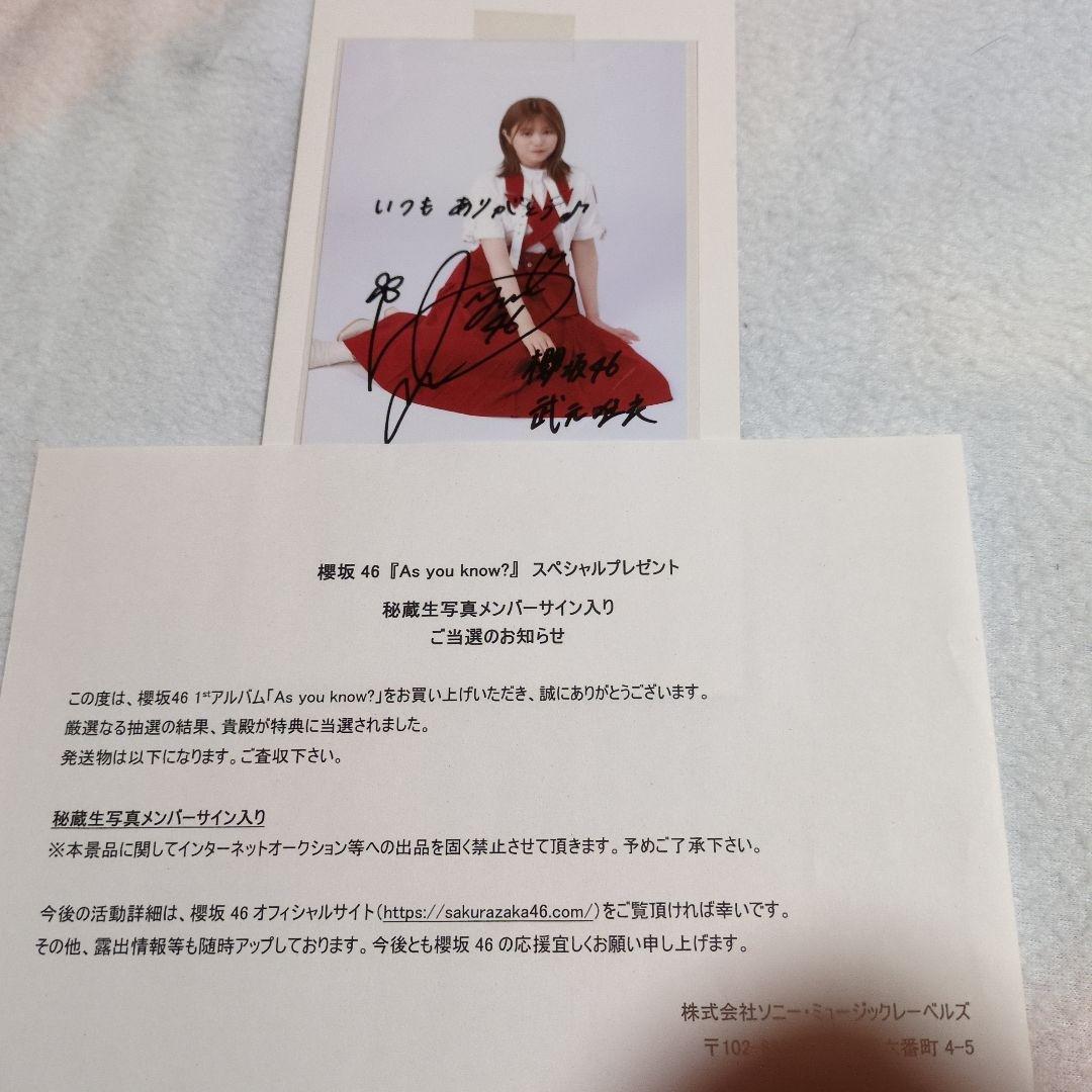 【極美品】櫻坂46 武元唯衣 直筆サイン入り生写真 当選通知付き