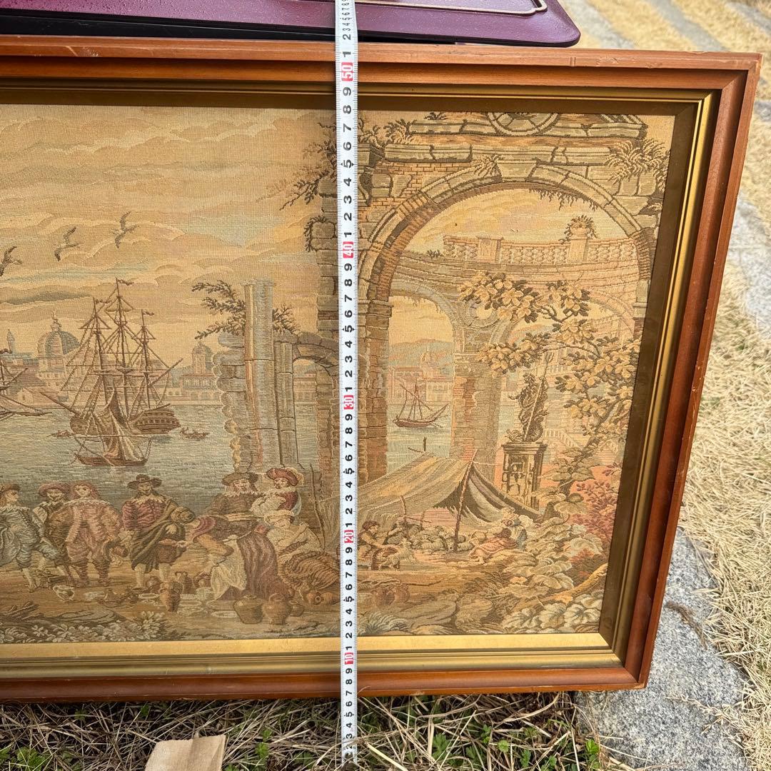 ヨーロッパの港のタペストリー 織りイタリア風景装飾アート　アンティーク