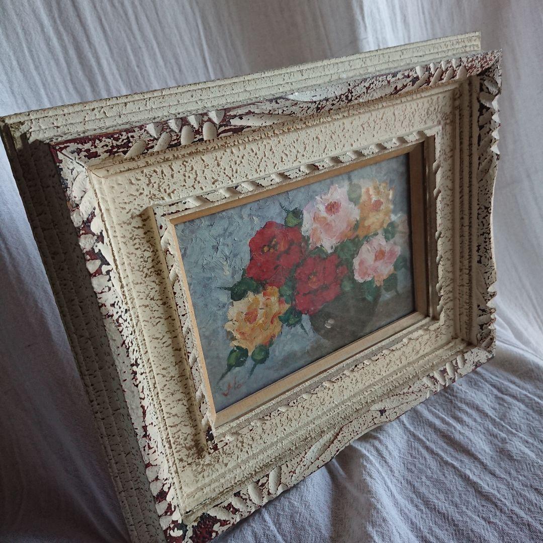 薔薇 古い 絵画 油彩 昭和レトロ 額縁 花 /アンティーク フランス 蚤の市