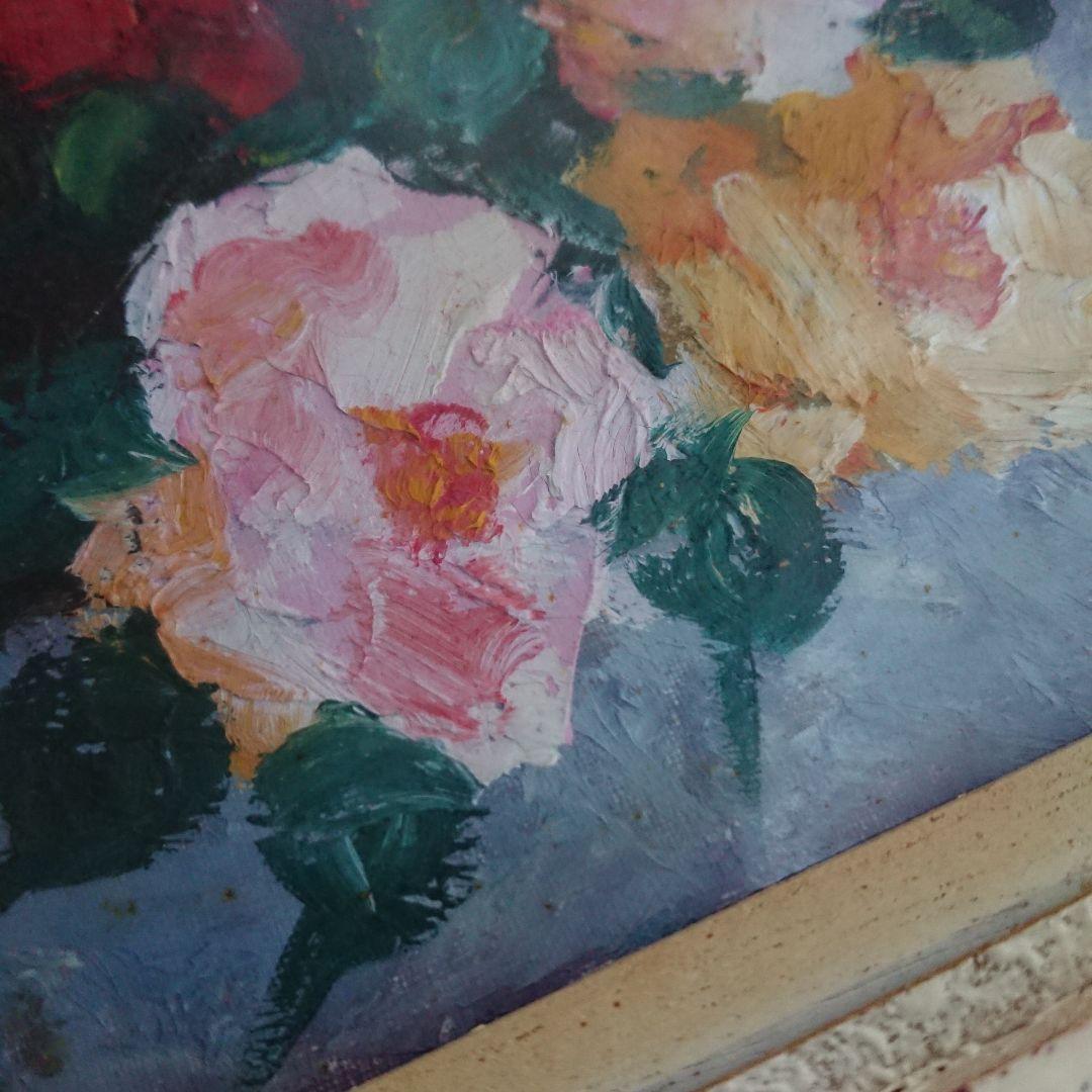 薔薇 古い 絵画 油彩 昭和レトロ 額縁 花 /アンティーク フランス 蚤の市