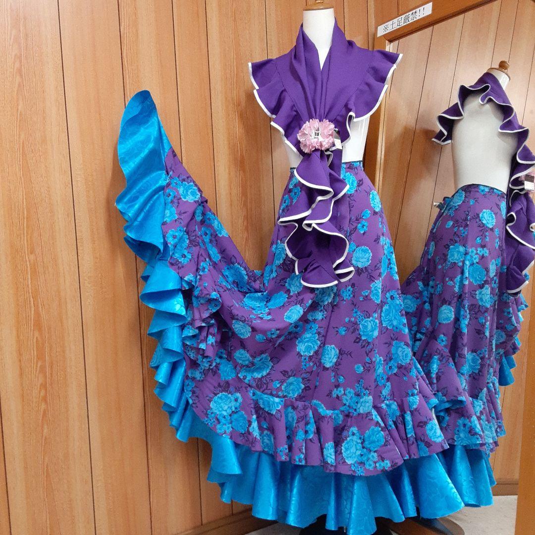 フラメンコ衣装　☆ファルダのみ　豪華フリル♡　紫地青バラシフォン生地