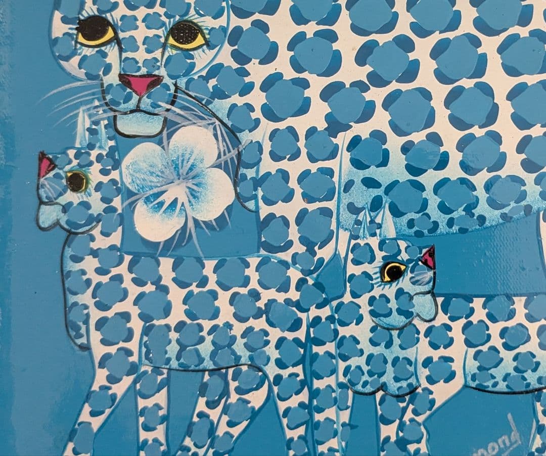 ●アフリカの絵画、ティンガティンガ、レオパード、ライトブルー、20×20cm