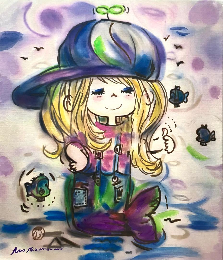 【F10】水森亜土（可愛い帽子の女の子）肉筆品/表裏サイン有り/手描き/油絵/額