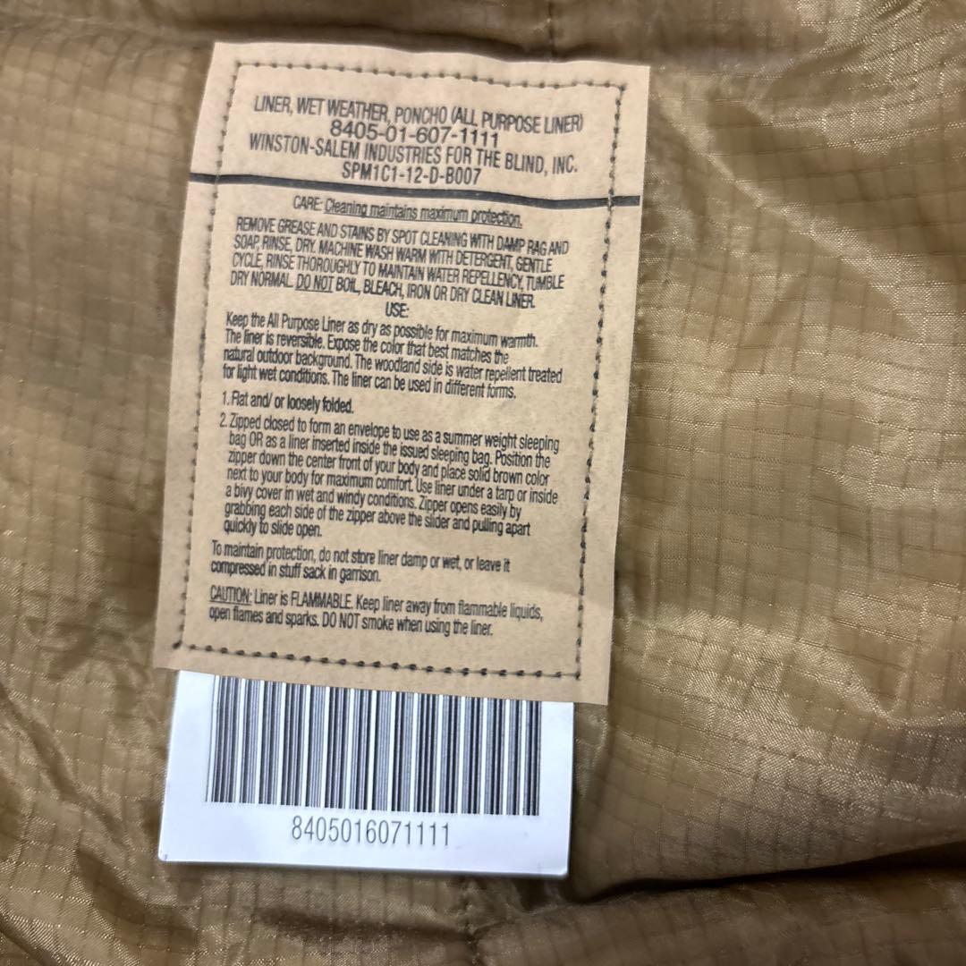 未使用品　米軍実物　LINER WETWEATHER PONCHO ジッパー付き
