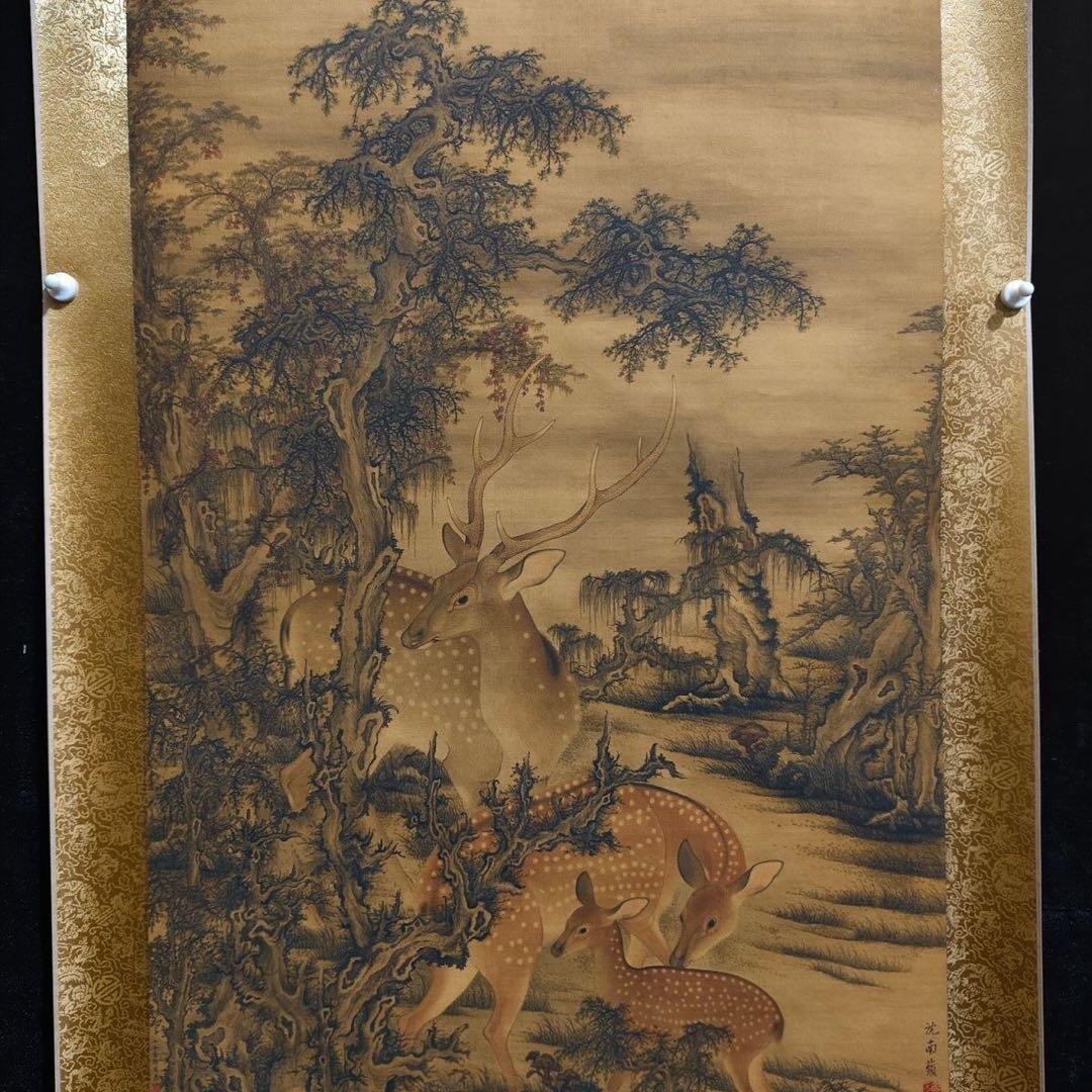 沈铨 瑞鹿图 中国画 掛け軸 水墨画 和室 玄関 茶室 壁掛け 美術品