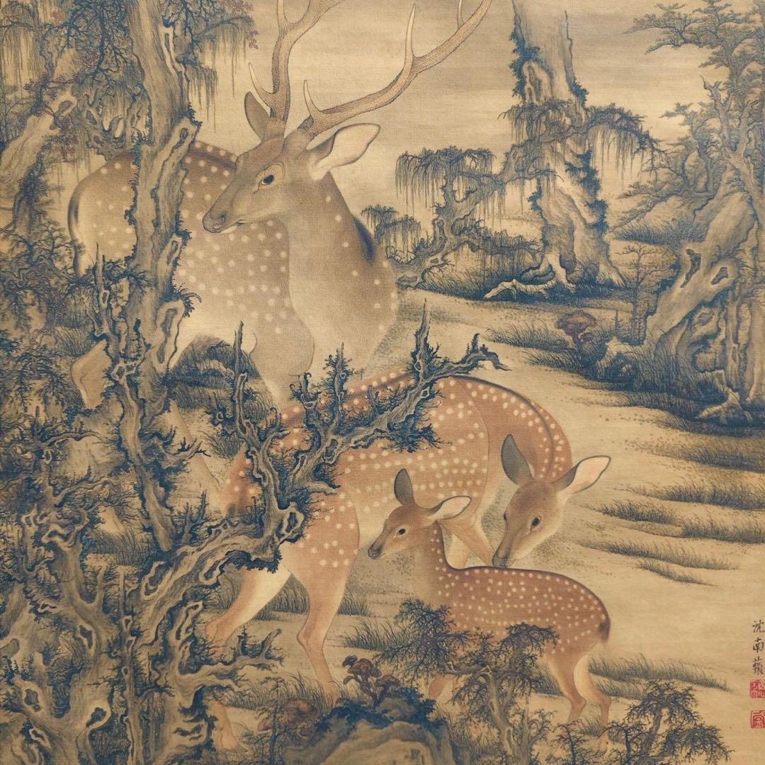 沈铨 瑞鹿图 中国画 掛け軸 水墨画 和室 玄関 茶室 壁掛け 美術品