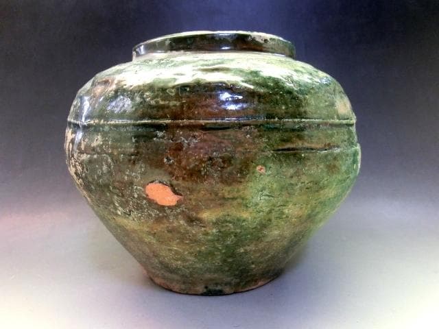 壷■緑釉 丸壺 古い花瓶 オブジェ 土器 須恵器 古玩 唐物 中国 時代物 骨董