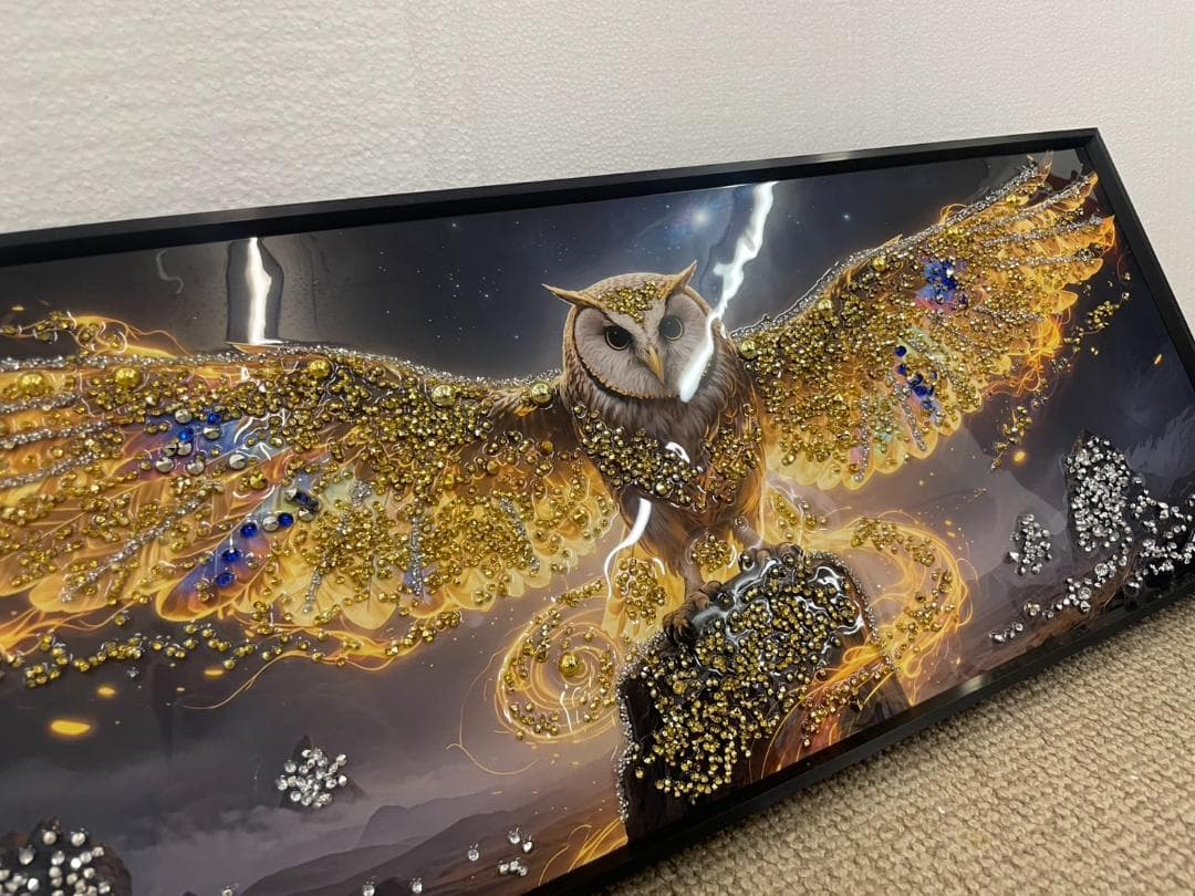 水晶絵　アートパネル　フクロウ　梟　不苦労　クリスタル　立体　絵画　アート　幸運