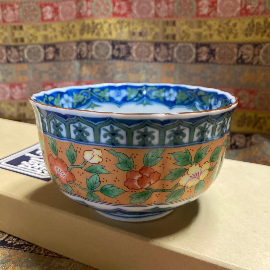 未使用￼ 庫山窯　前畑陶器 「染錦京花鳥」　小鉢5客揃12×7cm 4〜5度窯焼