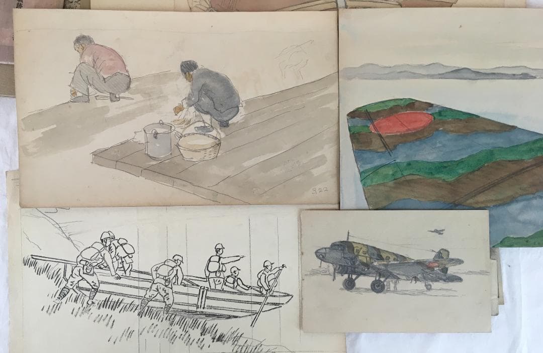 戦地の様子！[三橋武顕・中支戦跡・鉛筆画他]／鉛筆画(二十数枚)＋画集＋絵葉書