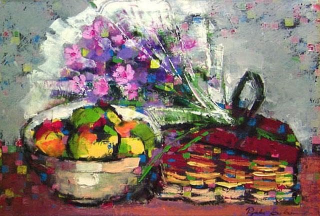 油絵 菅家令子 絵 絵画インテリア額付(黒) uF6-062104 花束フルーツ