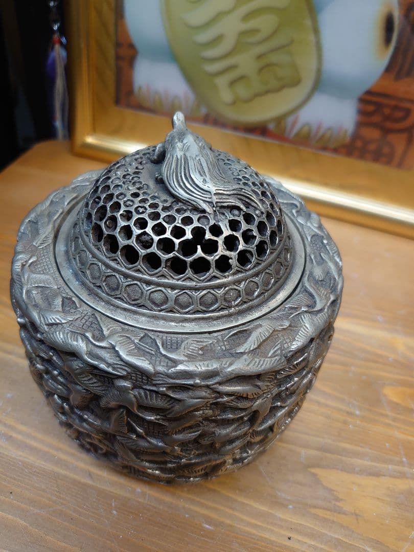 開運 縁起物 千羽鶴 亀 龍香炉  白銅製（洋銀）大明年製