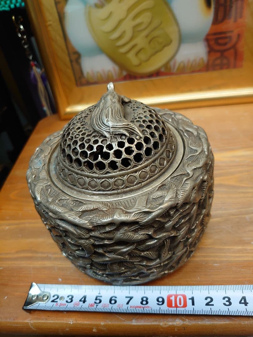 開運 縁起物 千羽鶴 亀 龍香炉  白銅製（洋銀）大明年製