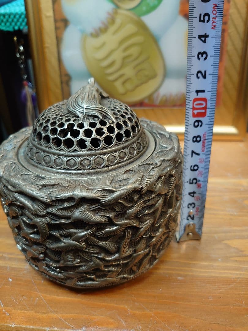 開運 縁起物 千羽鶴 亀 龍香炉  白銅製（洋銀）大明年製