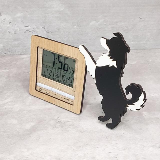 【電波時計】ワンちゃんが寄り添う電波デジタル時計 ― ボーダーコリー　黒