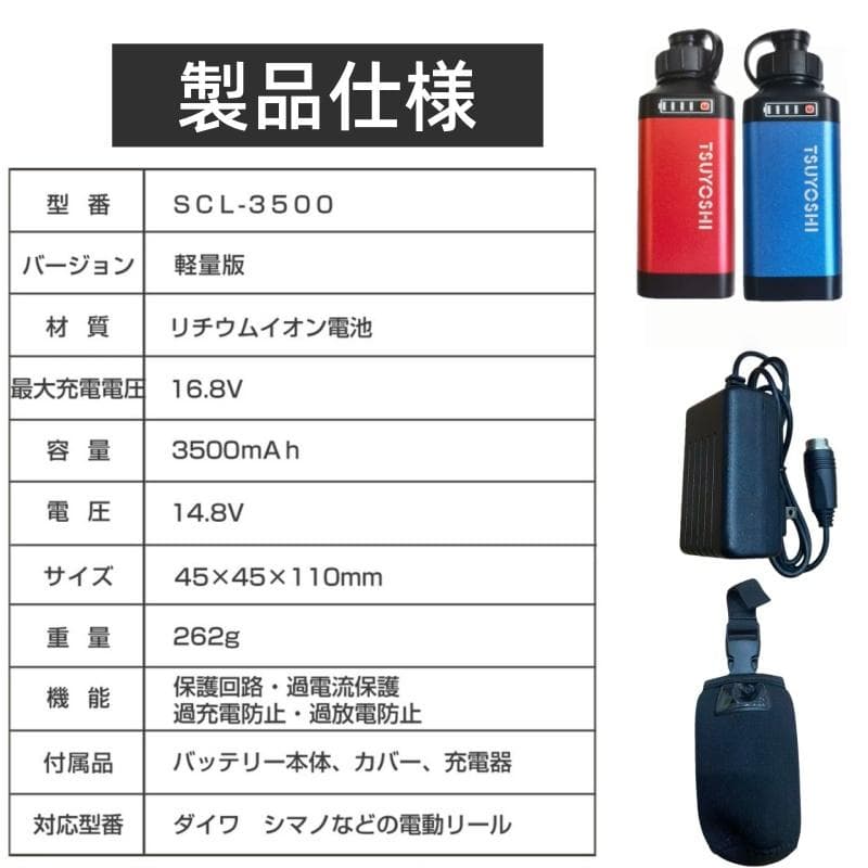 電動リール用リチウムバッテリー 青赤14.8V3500mAh ダイワ＆シマノ対応