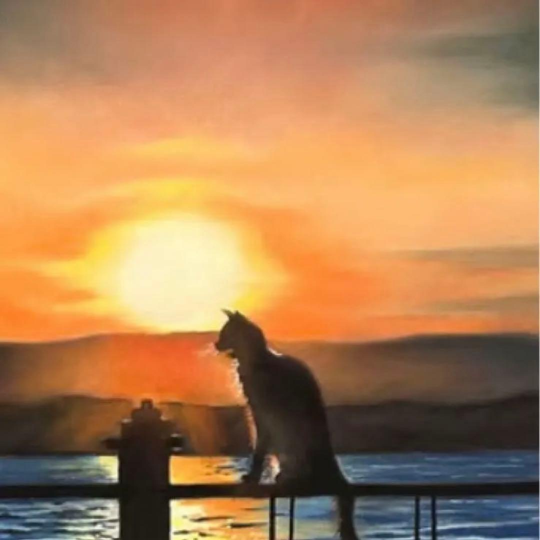 猫の向こうに沈む夕陽 パステル画 原画