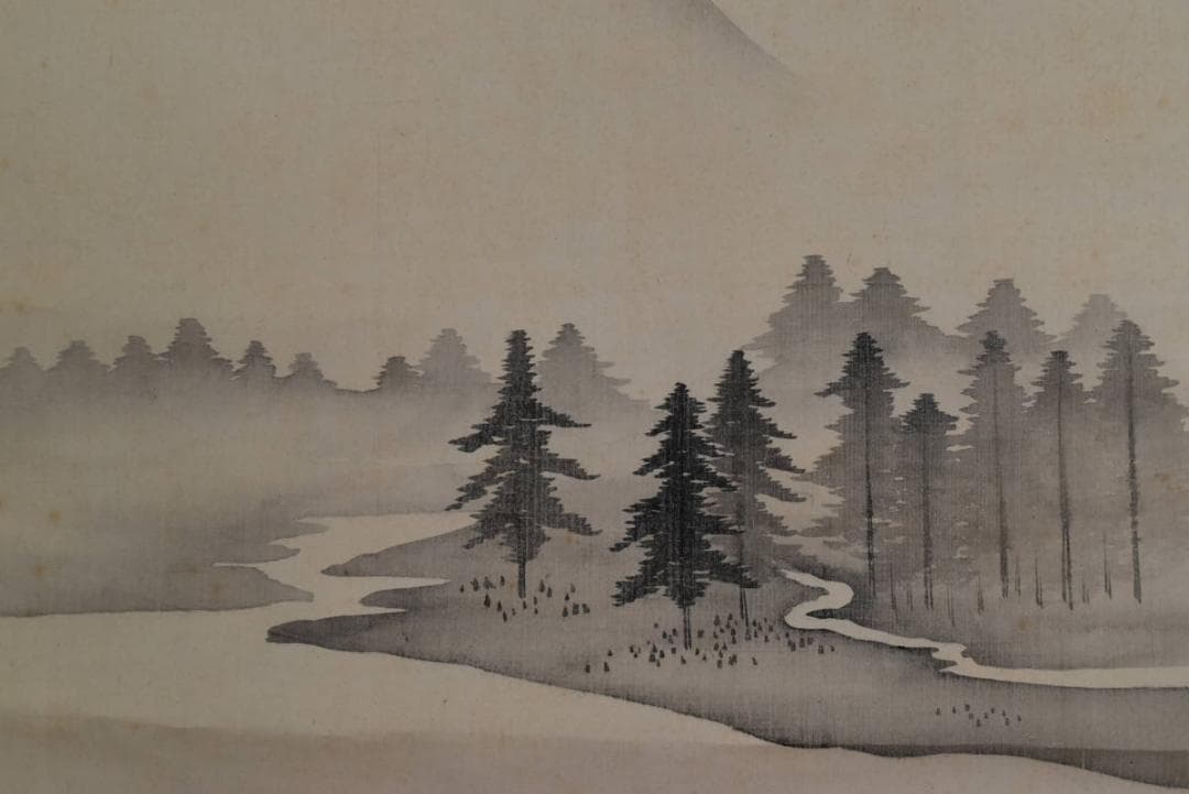 【複製】橋本雅邦/湖畔独釣図/山水図/釣舟図/工芸品/掛軸☆宝船☆AB-420