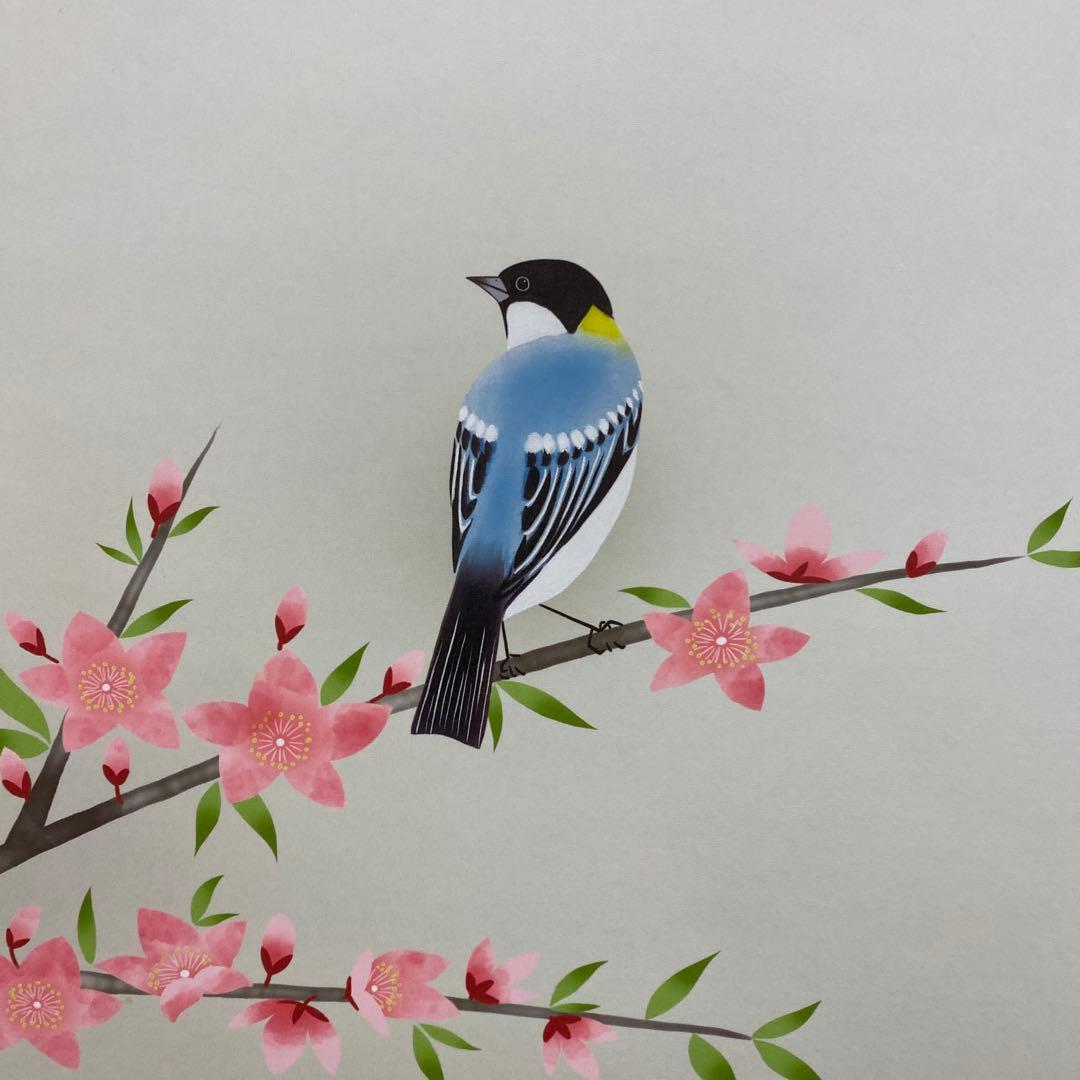 美品 掛け軸 森山観月作 桃花に小鳥図 共箱 花鳥 縁起物