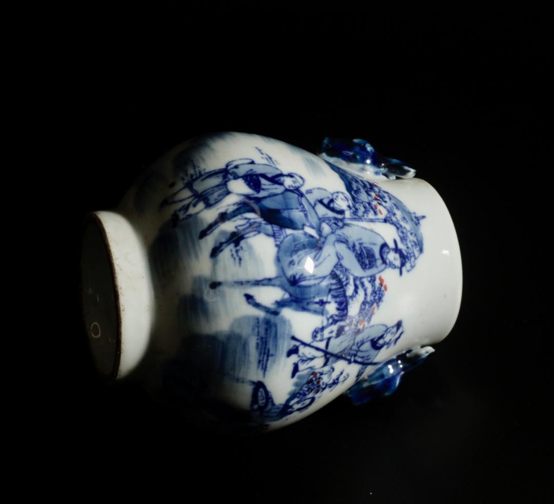 中古 青花 釉里紅 人物図 鹿耳小瓷尊 小壺 中国美術 CL0037