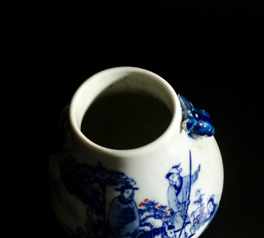 中古 青花 釉里紅 人物図 鹿耳小瓷尊 小壺 中国美術 CL0037