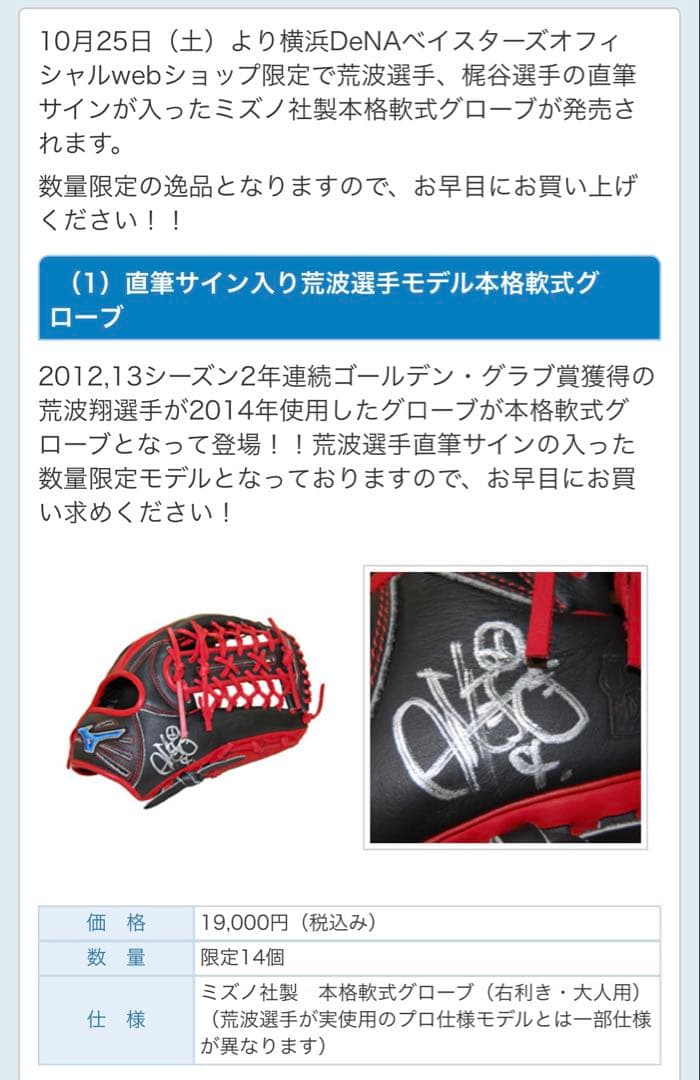 横浜DeNAベイスターズ 荒波翔モデル グローブ 軟式