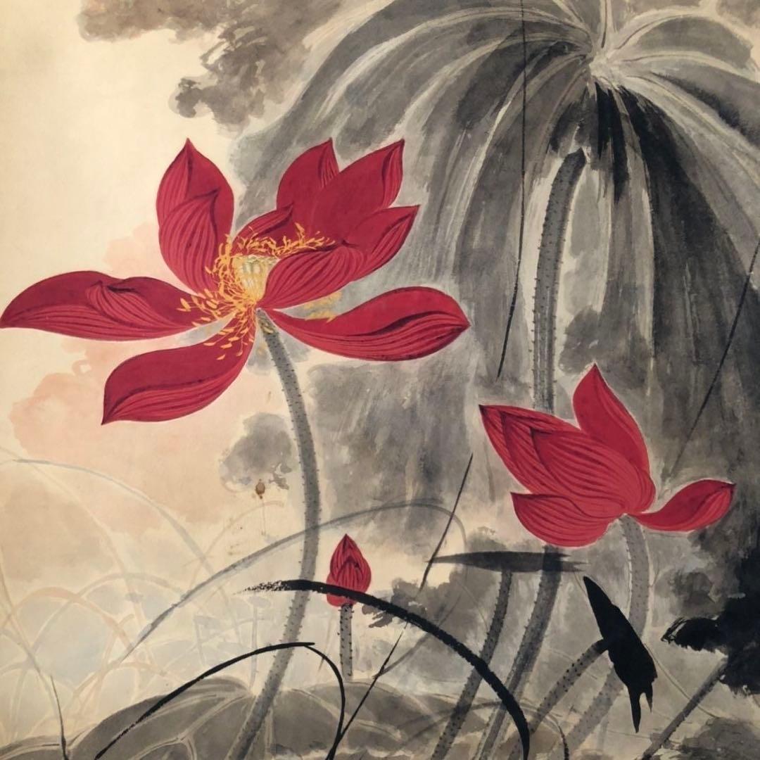 中国掛軸 張大千 蓮池花鳥図 三尺中堂 掛け軸 中国画 花鳥画 インテリア