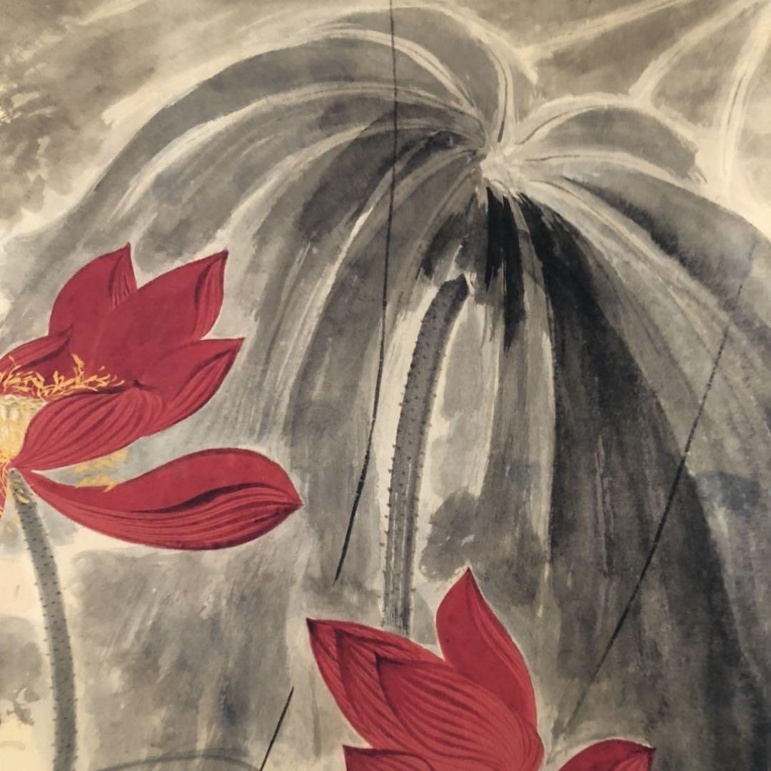 中国掛軸 張大千 蓮池花鳥図 三尺中堂 掛け軸 中国画 花鳥画 インテリア
